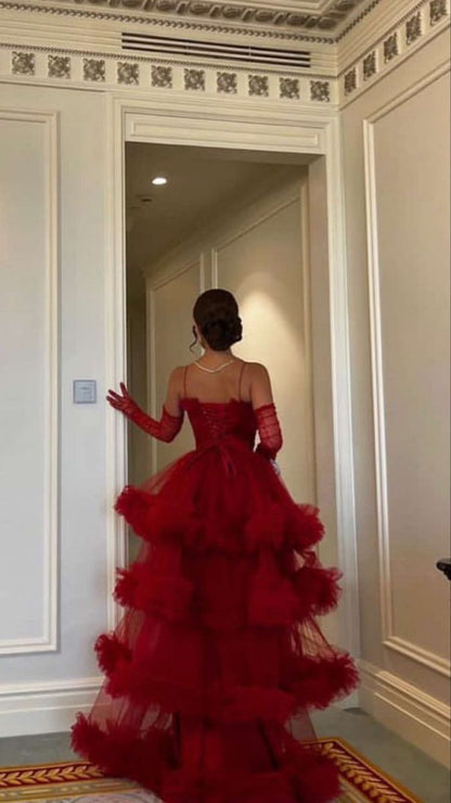 Red Ruffled Tiered Tulle Maxi Ball Gown Sweetheart Spaghetti Straps Ruffled A-Line Arabian Evening Gown AB1639