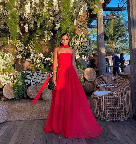 Simple A line Strapless Red Sleeveless Chiffon Simple Evening Formal Prom Dresses With Scarf AB447