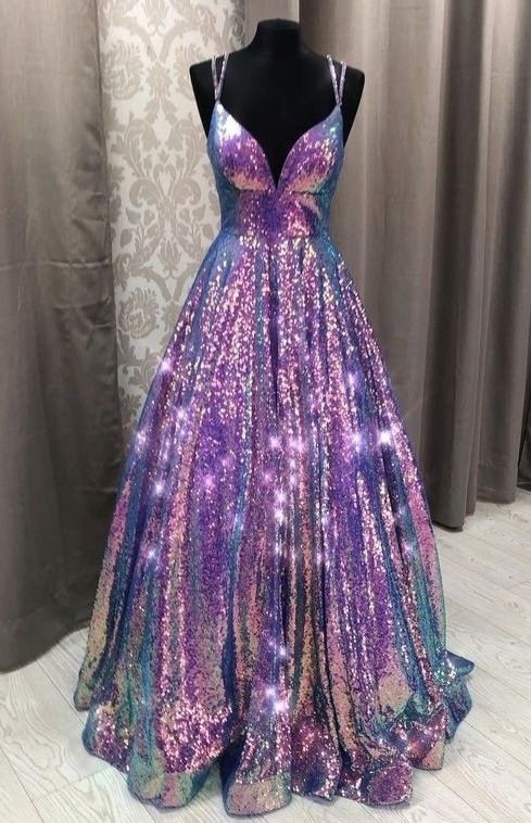 Modest Ball Gown Spaghetti Straps Lilac Sequins Long Prom Dress Evening Formal Gowns For Teens AB1439