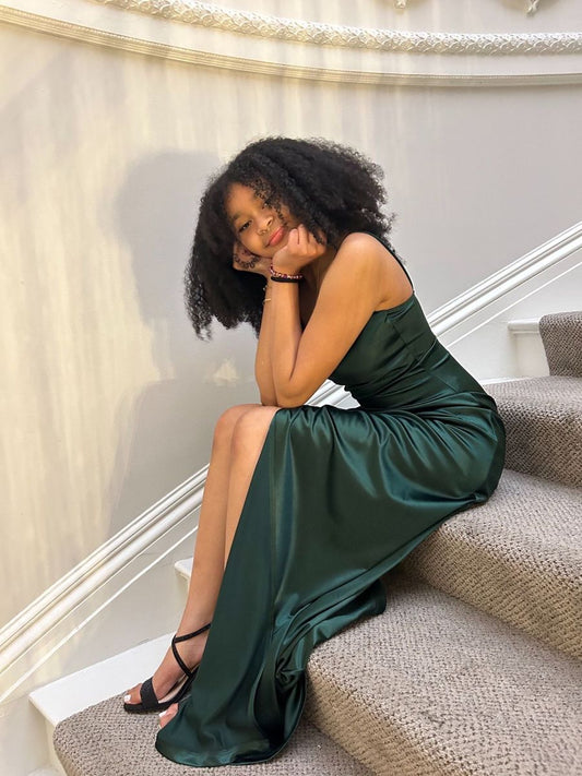 Simple Mermaid Spaghetti Strap Dark Green Satin Slit Prom Dresses For Teens Formal Dress Party Outfits Prom Gowns AB1035