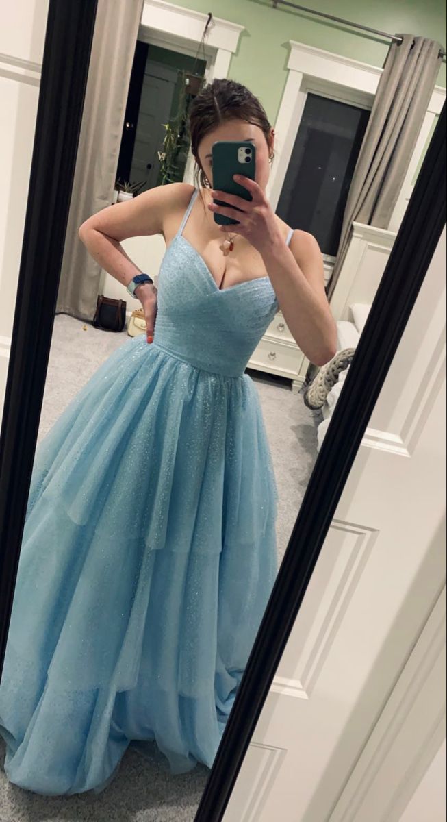 New Women’s Prom Dress Ball Gown Spaghetti Straps Blue Elegant Formal Graduation Party Gown RB9522