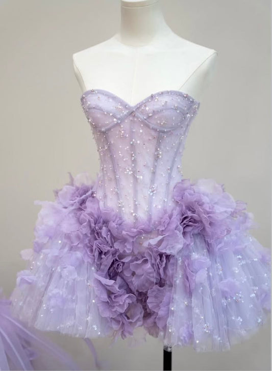 Luxurious Ball Gown Sweetheart Lilac Tulle Mini Graduation Hoco Dresses Short With Flowers Homecoming Outfits RB3706