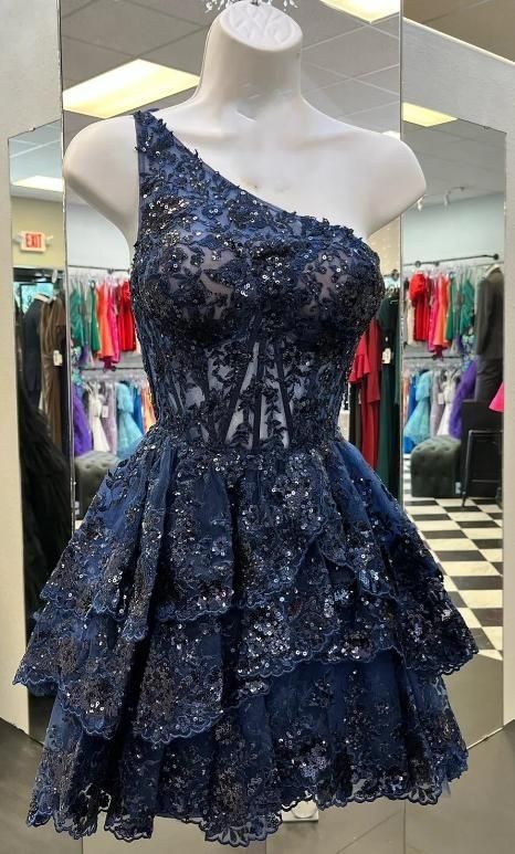 Chic A line One Shoulder Navy Blue Lace Mini Graduation Dresses Short Inspo Senior Homecoming Outfits RB3707