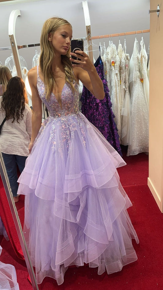 Fluffy Long Tulle Prom Dresses Ruffle Layered Princess Ball Gowns with Laces Applique Formal Party Gowns Vestidos De Dia AB539