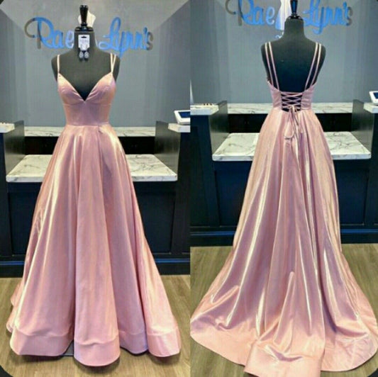 Vintage A Line Spaghetti Strap Satin Pink Sleeveless Long Prom Dresses For Women N4190