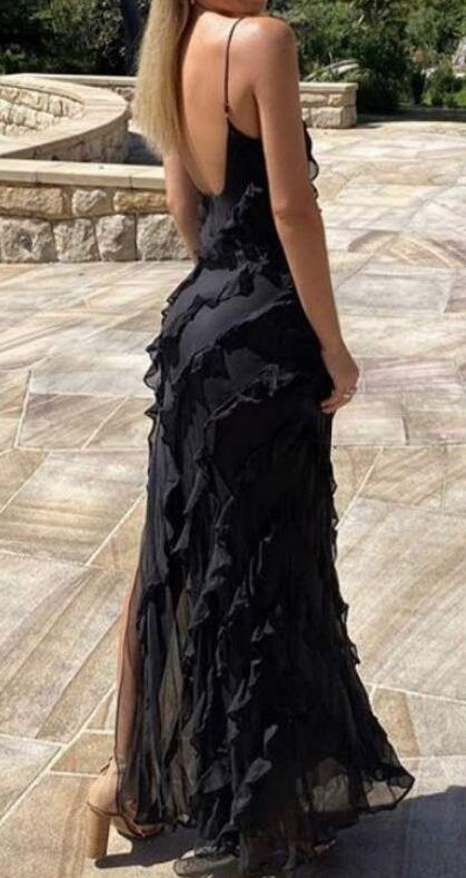 Black Chiffon Long Evening Prom Dresses, Custom Spaghetti Straps Prom Dresses AB940