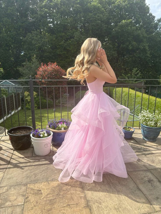 Ball Gown Light Pink Layered Tulle Stunning Prom Dresses Birthday Gowns Pink Spaghetti Strap Ruffle Long Evening Dress AB937