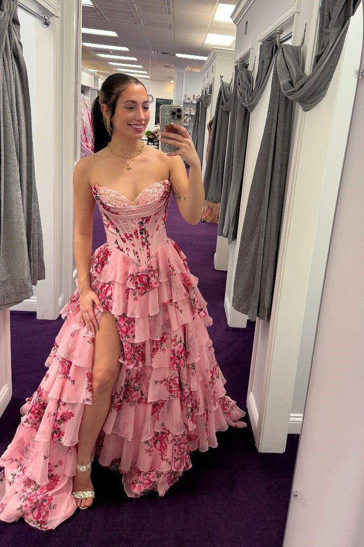 Pink Floral Corset Ball Gown Floral Blush Tiered Chiffon Long Corset Prom Dress with Slit Formal Evening Gowns AB508