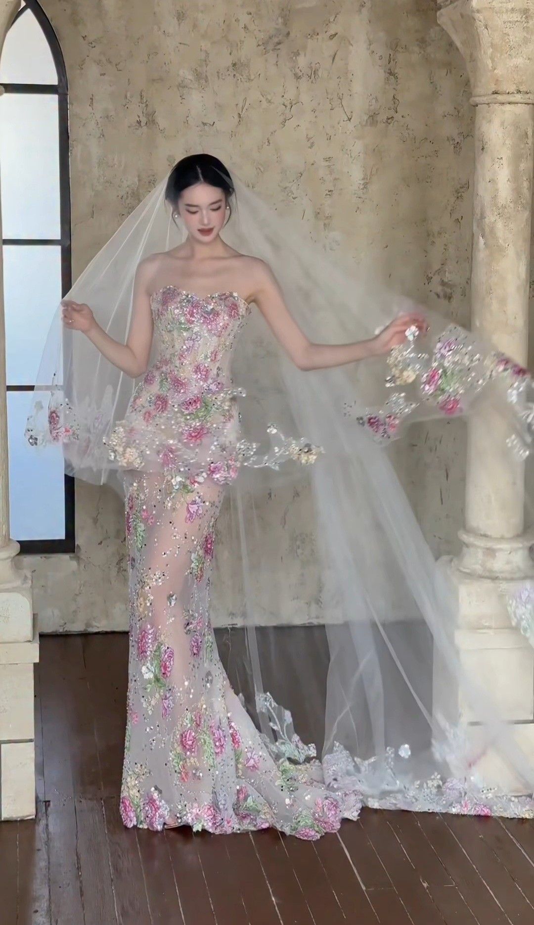 Elegant Mermaid Sweetheart Floral Lace With Veil For Women Party Dresses Formal Prom Dress Inspo 22th Birthday Gown AB1446