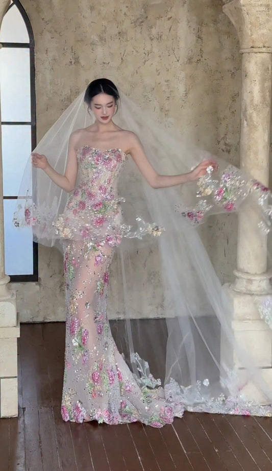 Elegant Mermaid Sweetheart Floral Lace With Veil For Women Party Dresses Formal Prom Dress Inspo 22th Birthday Gown AB1446