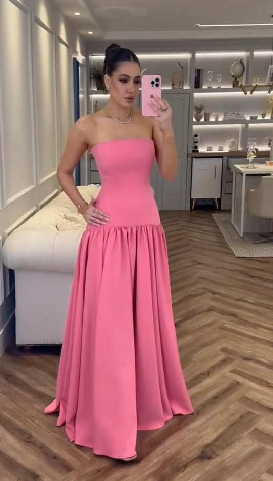 Sexy Pink Prom Dress Aesthetic Classy A line Strapless Sleeveless Satin Prom Gowns AB258