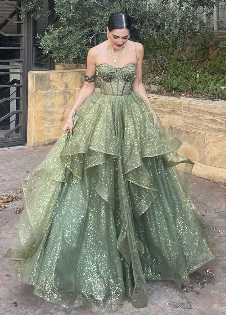 Modest Ball Gown Sweetheart Sage Green Tulle Long Prom Dress Evening Formal Gowns AB474