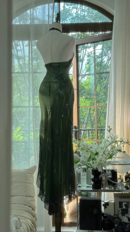 Green Halter Sheath Beaded Chiffon Long Prom Dresses Elegant Green Evening Gowns Dance Outfits N530