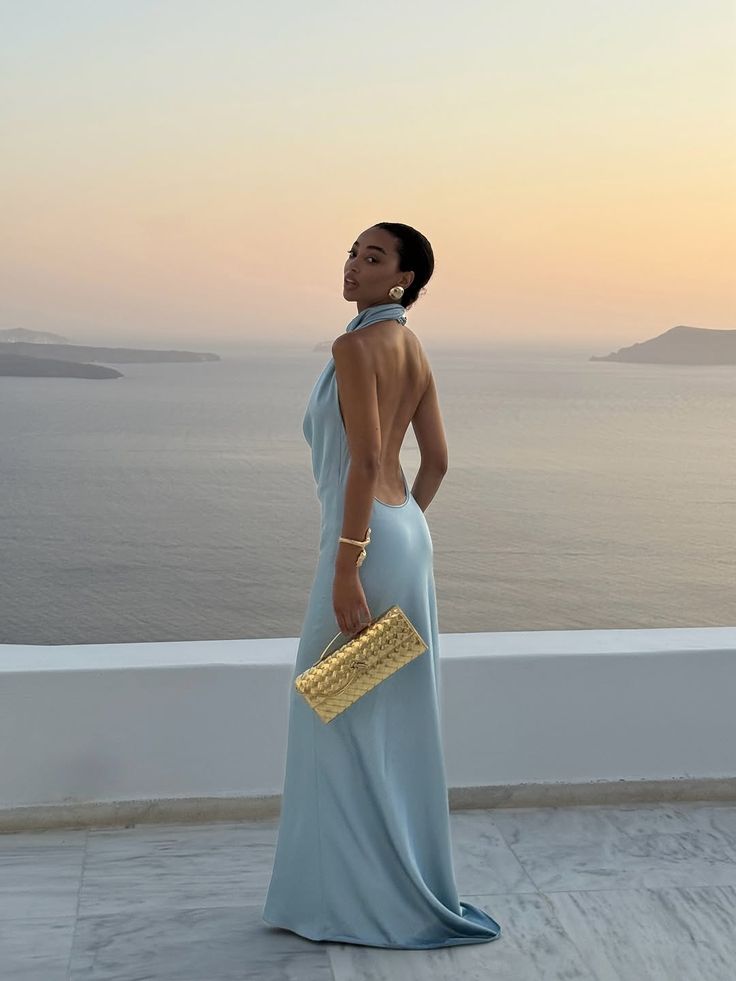 Simple Mermaid High Neck Light Sky Blue Maxi Dress Satin Long Beach Summer Inspiration Wedding Guest Dresses N2486