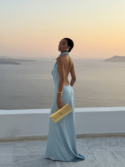 Simple Mermaid High Neck Light Sky Blue Maxi Dress Satin Long Beach Summer Inspiration Wedding Guest Dresses N2486