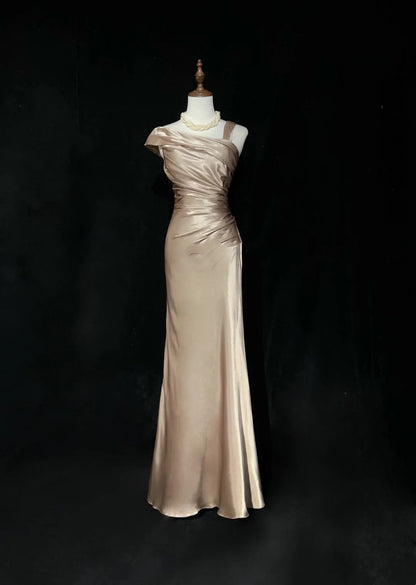Retro Gown Prom Vintage Dresses Mermaid Champagne With Folds Long 90s Formal Outfits N2320