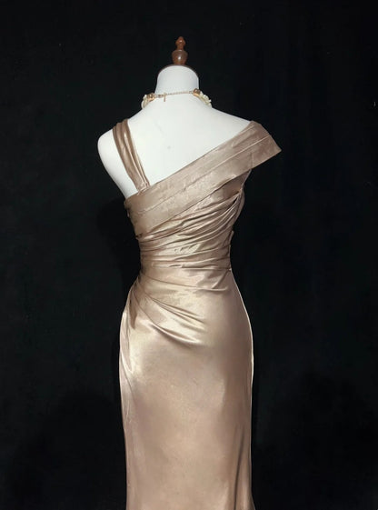 Retro Gown Prom Vintage Dresses Mermaid Champagne With Folds Long 90s Formal Outfits N2320