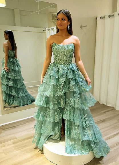 Modest Ball Gown Strapless Light Green Lace Sleeveless Classy Prom Dresses Inspiration Party Dress Princess Graduation Dress B648