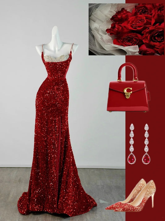 Chic Mermaid Spaghetti Strap Red Sequins Long Party Dresses Prom Dresses Impress Formal Party Dress N940