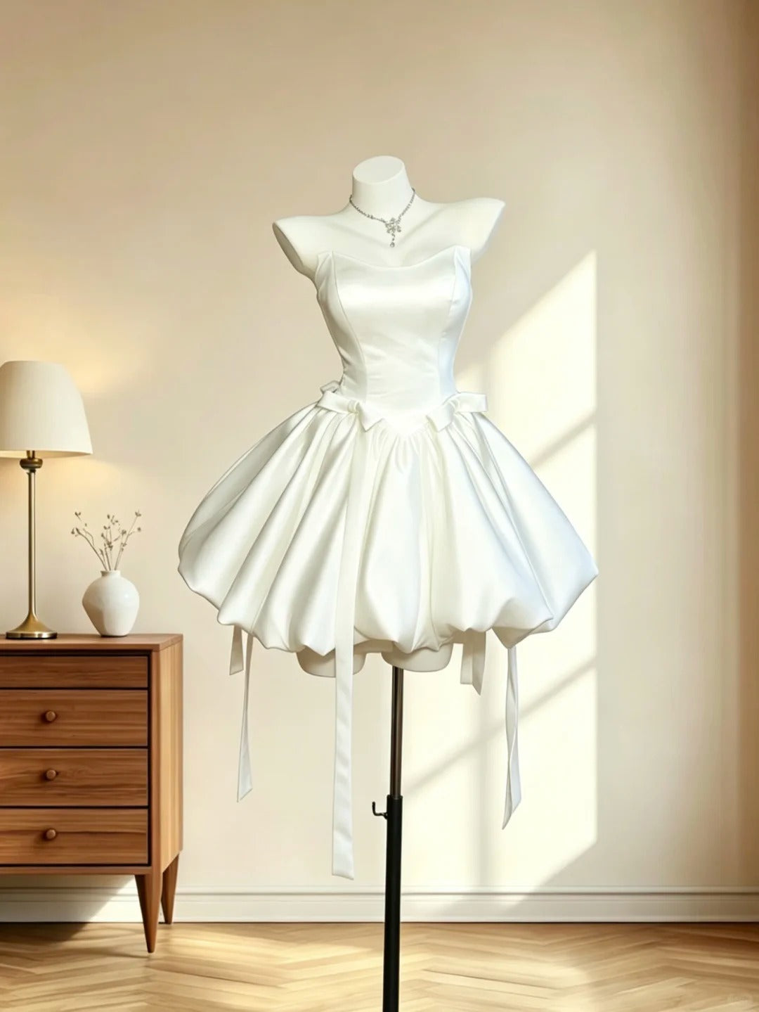 Fancy Ball Gown Sweetheart White Satin Mini Senior Inspo Short Party Formal Homecoming Dresses RB3058