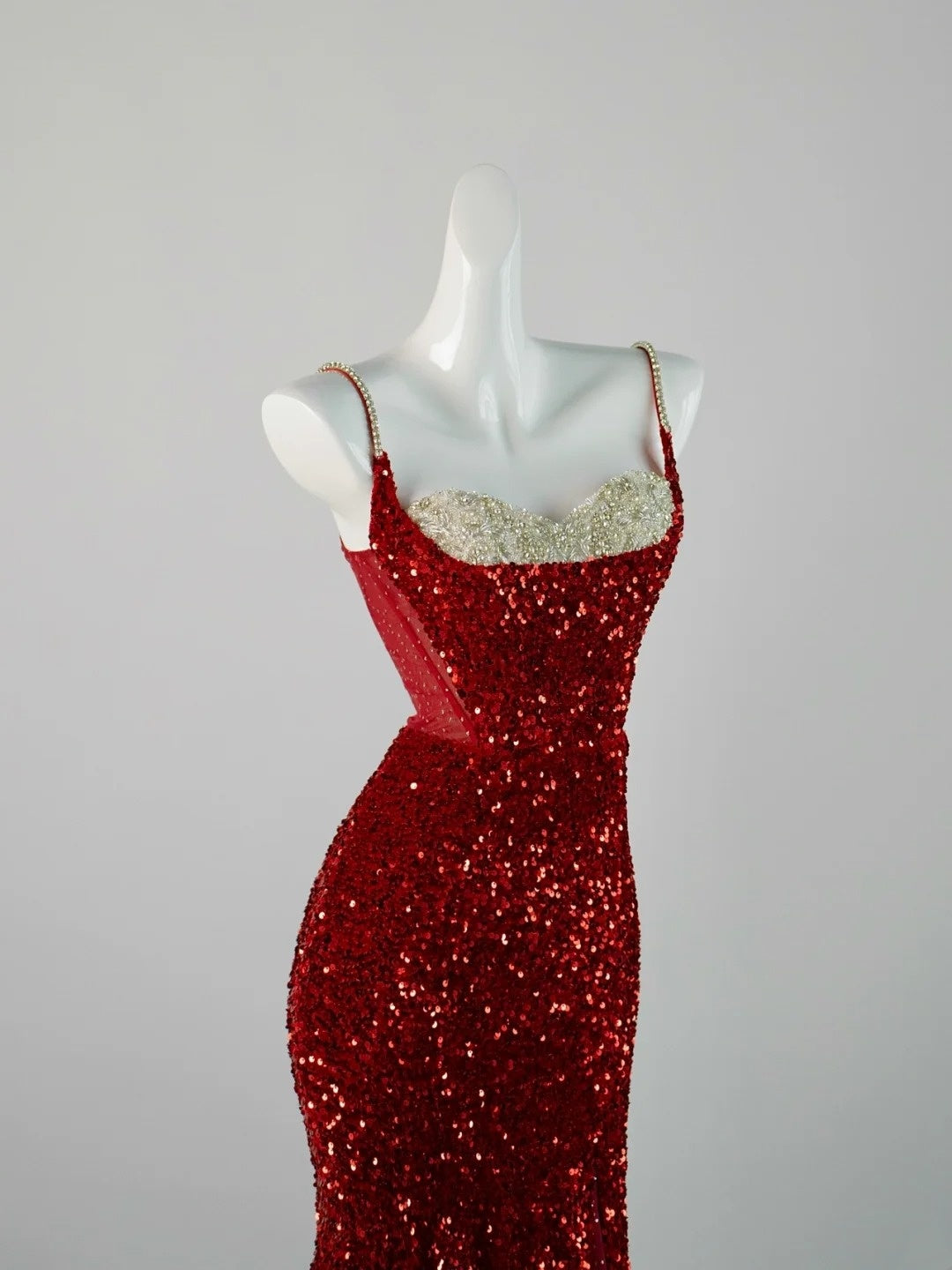 Chic Mermaid Spaghetti Strap Red Sequins Long Party Dresses Prom Dresses Impress Formal Party Dress N940