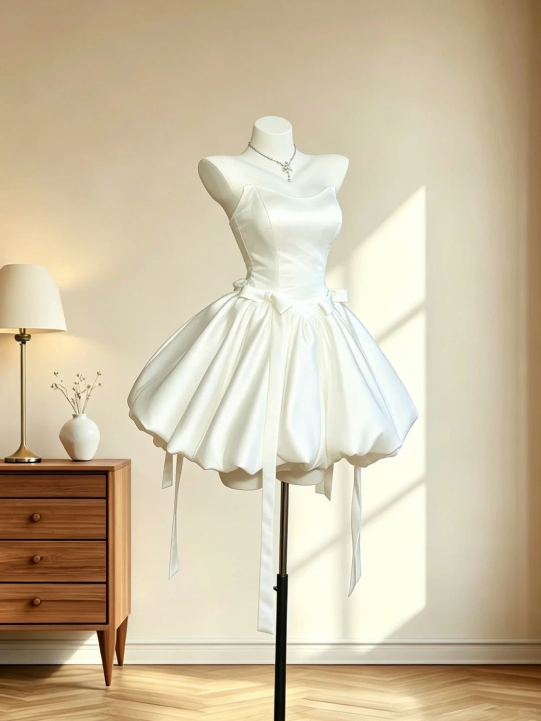 Fancy Ball Gown Sweetheart White Satin Mini Senior Inspo Short Party Formal Homecoming Dresses RB3058