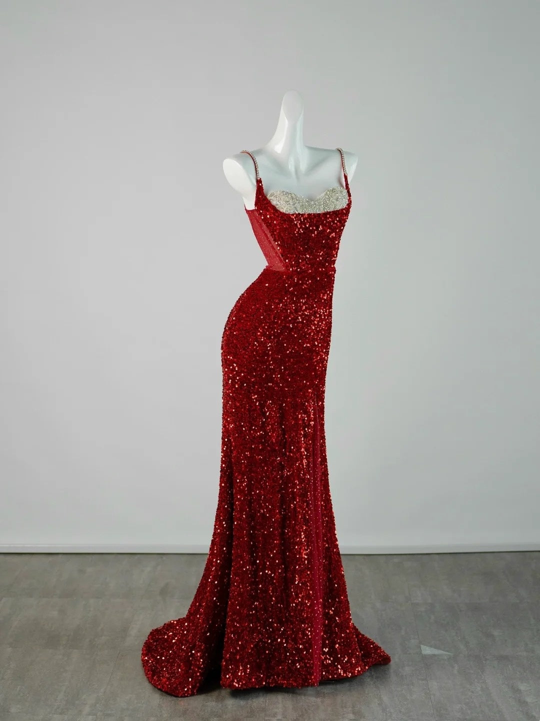 Chic Mermaid Spaghetti Strap Red Sequins Long Party Dresses Prom Dresses Impress Formal Party Dress N940