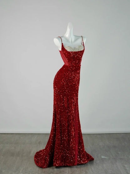 Chic Mermaid Spaghetti Strap Red Sequins Long Party Dresses Prom Dresses Impress Formal Party Dress N940