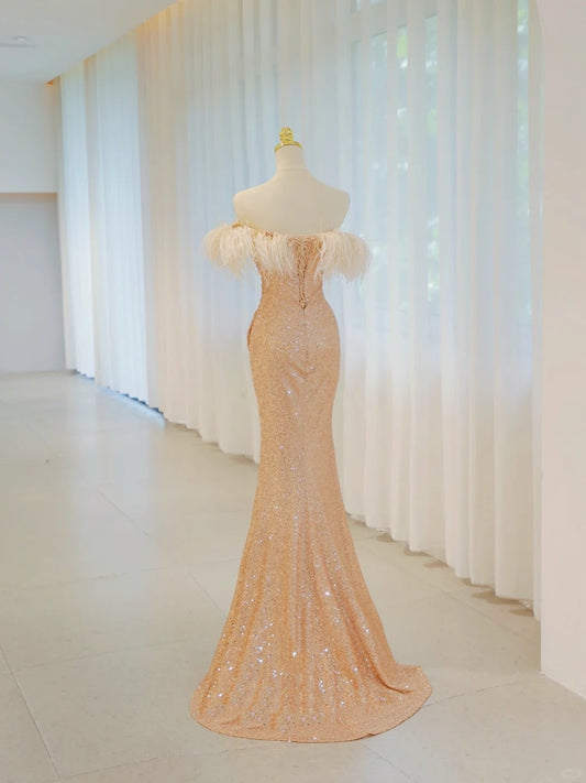 Sparkly Mermaid Off The Shoulder Gold Sequined Long Prom Dresses Party Dress Birthday Outfits Graduation Gown N2843