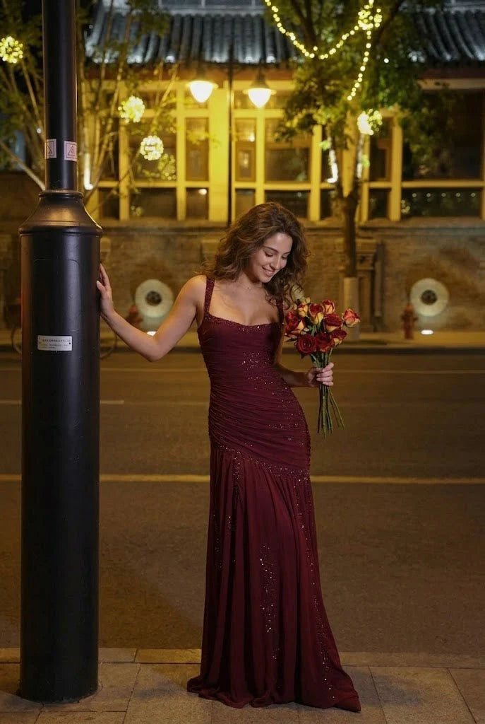 Dreamy Mermaid Square Neck Burgundy Sleeveless With Beading Long Prom Dress Evening Party Formal Outfits RB6691