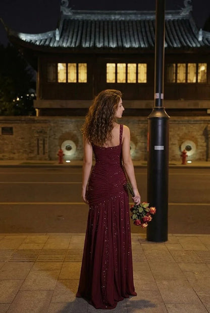 Dreamy Mermaid Square Neck Burgundy Sleeveless With Beading Long Prom Dress Evening Party Formal Outfits RB6691