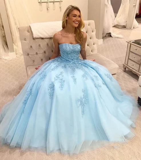 Unique Ball Gown Sweetheart Yellow Tulle with Lace Applique Evening Dresses Long Prom Dress AB596