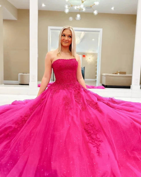 Unique Ball Gown Sweetheart Yellow Tulle with Lace Applique Evening Dresses Long Prom Dress AB596