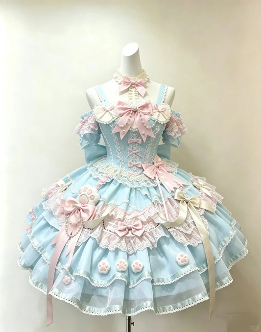 Cute Ball Gown Square Neck Blue Pink With Pink Bows Lolita Dress Homecoming Dresses Hoco Outfits RB4691