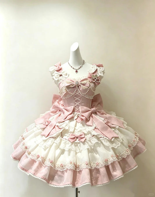 Romantic Ball Gown Square Neck Pink Satin White Lace With Bow Lolita Dress Homecoming Dresses Hoco Outfits RB4686