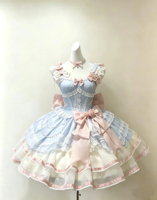 Romantic Ball Gown Square Neck Blue Satin White Lace With Bows Lolita Dress Homecoming Dresses Hoco Outfits RB4688