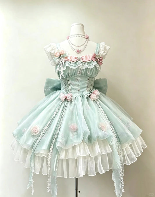 Romantic Ball Gown Square Neck Mint Green White With Pink Bows Lolita Dress Homecoming Dresses Hoco Outfits RB4690