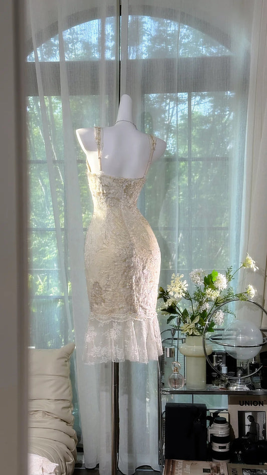 Cute Mermaid V Neck White Lace Knee Length 16th Birthday Dress Homecoming Outfits N3578