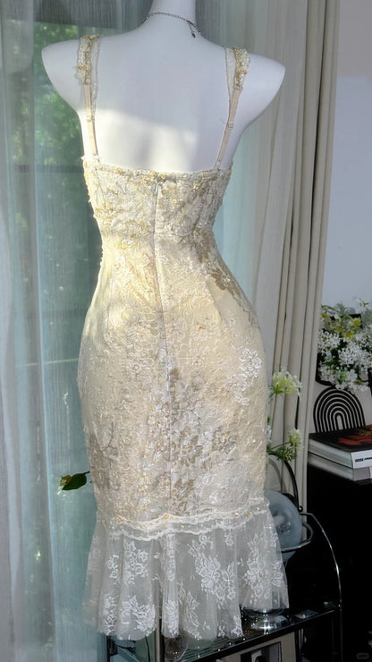 Cute Mermaid V Neck White Lace Knee Length 16th Birthday Dress Homecoming Outfits N3578