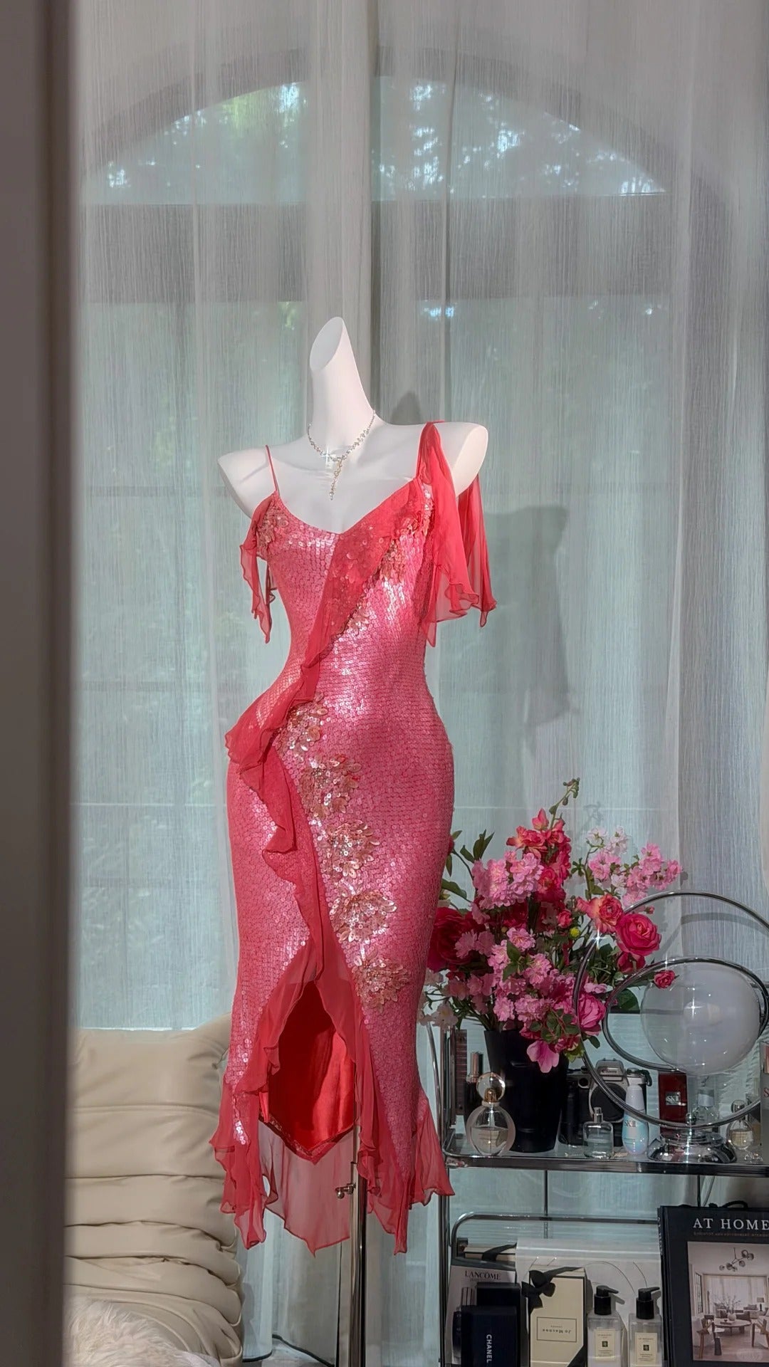 Vintage Mermaid Spaghetti Strap Pink Sequined Tea Length Prom Dress Formal Outfits Party Dresses RB7561