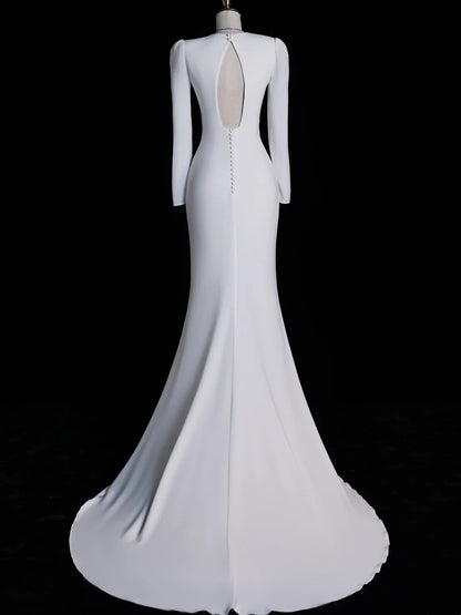 Simple Mermaid V Neckline Satin Long Sleeves White Satin Wedding Dress Fairytale Autumn Bridal Dresses N549