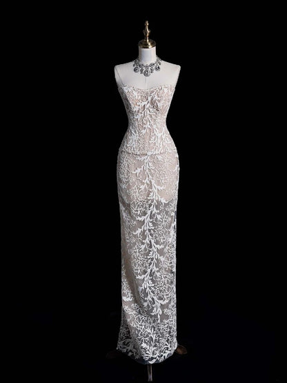 Simple Mermaid Strapless Lace White Long Wedding Dress Fairytale Autumn Bridal Dresses N550