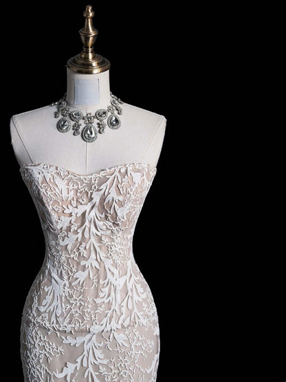Simple Mermaid Strapless Lace White Long Wedding Dress Fairytale Autumn Bridal Dresses N550