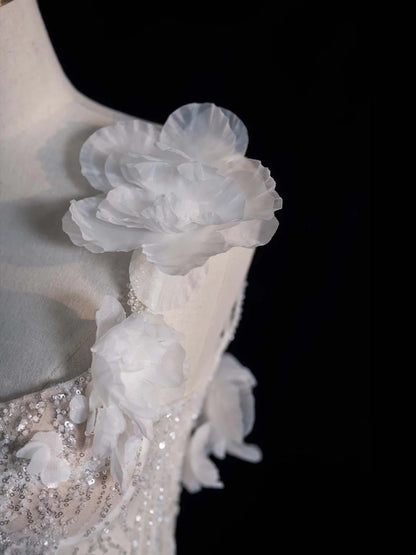 Timeless Mermaid One Shoulder Sequined Flowers White Wedding Dress Fairytale Boho Beach Summer Bridal Dresses N554