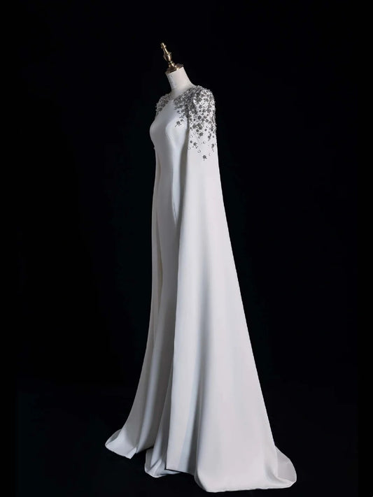 Timeless Mermaid Scoop Neckline Satin With Long Sleeves White Wedding Dress Fairytale Boho Beach Summer Bridal Dresses N555