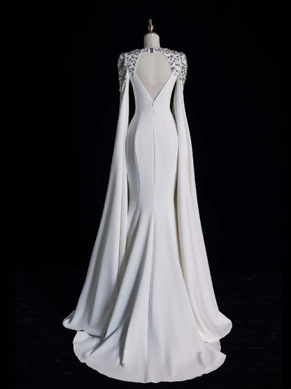 Timeless Mermaid Scoop Neckline Satin With Long Sleeves White Wedding Dress Fairytale Boho Beach Summer Bridal Dresses N555