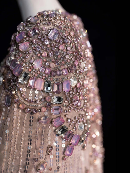 Sparkly A Line V Neckline Pink Sequined Beaded Bodice Long Prom Dress Evening Outfits Formal Dress N547