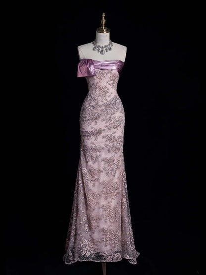 Cute Ball Gown Strapless Pink Lace Long Prom Dress Evening Outfits Semi Formal Dress N559