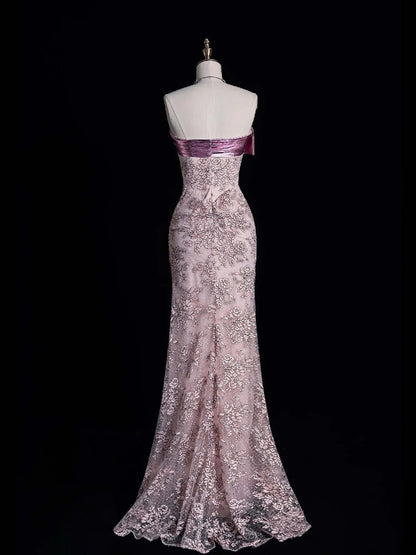 Cute Ball Gown Strapless Pink Lace Long Prom Dress Evening Outfits Semi Formal Dress N559