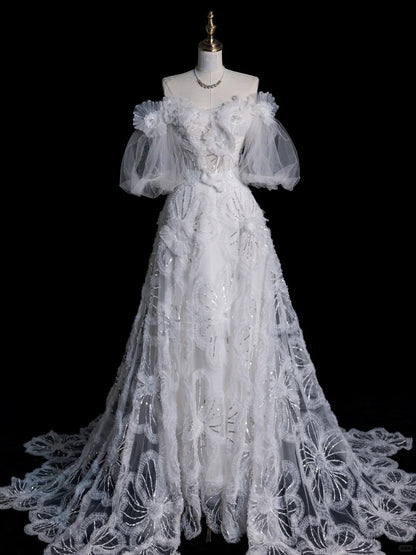 Princess Ball Gown Off The Shoulder Tulle With Sleeves White Lace Wedding Dress Fairytale Boho Summer Bridal Dresses N557